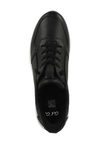 Black leather sneaker with a textured upper, padded tongue, and flat laces. Features a white rubber sole and logo on the insole.