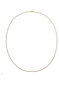 Colier din metal cu nuanță de aur, având un design răsucit cu inele circulare, textură netedă și închidere cu clips.