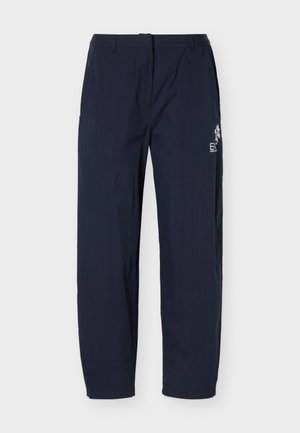 Marineblå casual bukser med rette ben, frontglidelås, beltehemper og hvit logo på høyre lår.