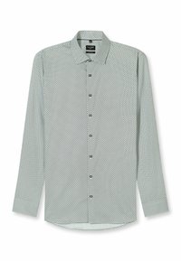 Grünes, gemustertes Hemd mit langen Ärmeln und Knopfleiste am Kragen, mit kleinen geometrischen Mustern und passenden grünen Knöpfen. Weiche Textur.