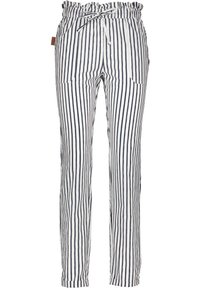 Pruhované bavlněné kalhoty v bílé a námořnické modři s elastickým pasem, dvěma předními kapsami a volným střihem.