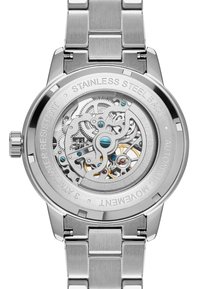 Automatisk klokke med en rustfritt stålkasse og -armbånd. Gjennomsiktig bakside avslører intrikat bevegelse med blå accenter og tannhjul. Vanntett.