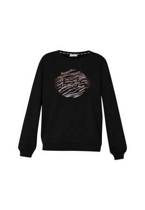 Felpa nera con maniche lunghe, collo rotondo e un design grafico circolare in bianco e arancione che imita le strisce zebrate. Texture liscia.