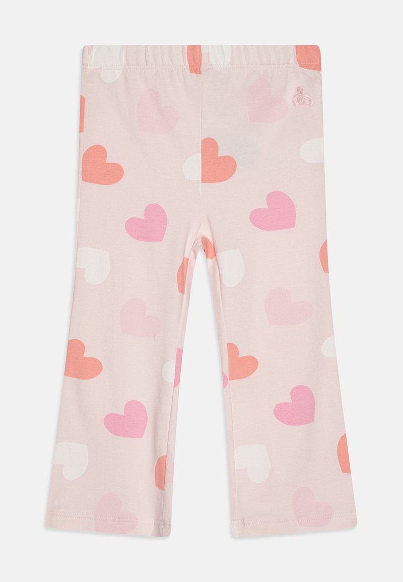 Leggings de algodão cor-de-rosa com um padrão de corações em vários tons de rosa e coral. Cintura elástica com um pequeno detalhe de logotipo.
