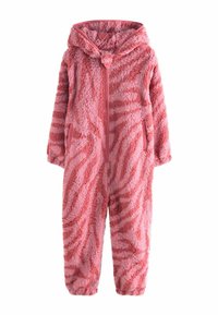 Pink furry onesie with hood, featuring a tiger stripe pattern, full front zipper, and side pockets. Soft texture and loose fit for comfort.