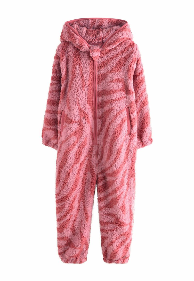 Pink furry onesie with hood, featuring a tiger stripe pattern, full front zipper, and side pockets. Soft texture and loose fit for comfort.