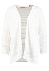 Vit öppenstickad cardigan med trekvartsärmar, med en V-krage och texturerade mönster genom hela tyget.