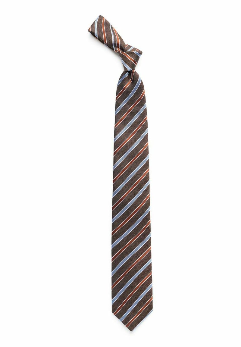 Brun slips med diagonala ränder i blått och rost, tillverkad av slätt tyg. Har en spetsig ände och en knuten topp.