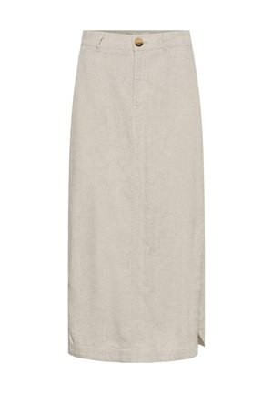 Béžinė tiesi iki kelių ilgio sijonas su priekiniais mygtuku ir diržo kilpomis, pagamintas iš lengvos tekstūruotos medžiagos.