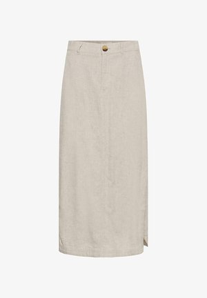 Beežist põlveni sirge seelik ees nööpide ja vööaasadega, valmistatud kergest tekstuuriga kangast.