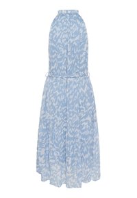 Rochie bleu deschis cu un model abstract alb, decolteu halter, talie cu șnur, fustă cu pliuri și textură moale, fluidă.