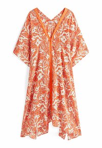 Kimono arancione con stampa floreale, maniche corte, scollo a V, chiusura con bottoni e vestibilità ampia. Realizzato in tessuto leggero e fluido.