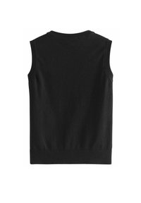 Maglione nero senza maniche con collo rotondo, bordi a costine e una texture morbida, con un retro liscio privo di decorazioni.