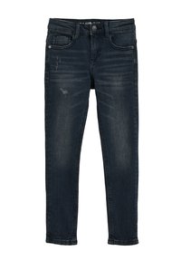 Sötét farmernadrág, slim fit szabásban, öt zsebes kialakítással, finom kopásokkal és enyhe kopással. Normál gombos és cipzáros záródással rendelkezik.