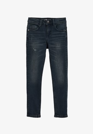 Jeans din denim închis, cu o croială slim, design cu cinci buzunare, uzură subtilă și ușoară deteriorare. Prezintă o închidere standard cu nasture și fermoar.