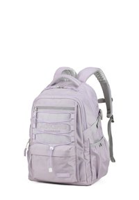Sac à dos violet avec plusieurs compartiments, accents en maille, fermetures à glissière et bretelles rembourrées pour le confort. Construction en tissu durable.