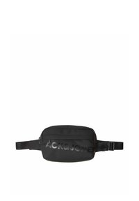 Marsupio nero realizzato in tessuto liscio, dotato di un compartimento con zip e un logo testurizzato. Cinghia regolabile per una vestibilità sicura.