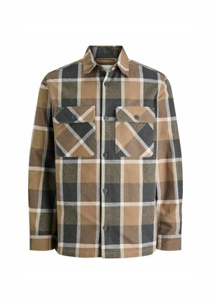 Camicia di flanella a scacchi con motivi marroni, beige e neri. Presenta due tasche sul petto, un'apertura con bottoni e un colletto classico.