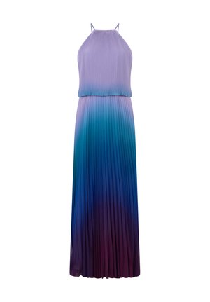 Mouwloze geplooide maxi-jurk met dunne bandjes, met een verloop van lichtpaars aan de bovenkant naar donkerblauw en paars aan de onderkant.