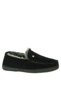 Chausson en daim noir avec doublure en fausse fourrure grise, design à enfiler, couture détaillée sur le devant et semelle en caoutchouc texturée.