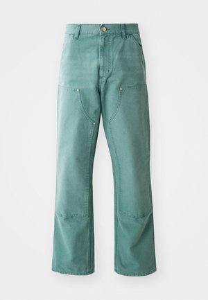 Wide-leg pants in a teal color, made of denim fabric. Features front pockets with angled openings and metal snap accents.