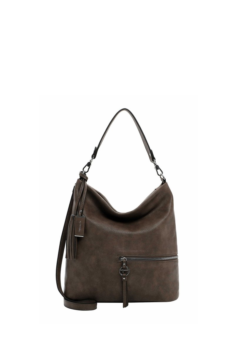 Brown faux leather shoulder bag with a slouchy design, front zip pocket, tassel detail, and a single shoulder strap for easy carrying.