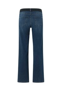 Jeans din denim de culoare albastru închis, cu un design pe picior drept, talie elastică neagră și două buzunare posterioare cu detalii subtile de cusătură.