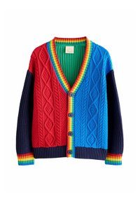 Multicolored knitted cardigan featuring red, blue, green, and navy sections with cable patterns, rainbow-striped collar, and five black buttons.