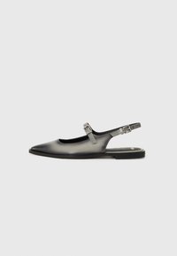 Slingback flat shoes in gradient gray leather with a pointed toe, adjustable strap, and a flat black sole.