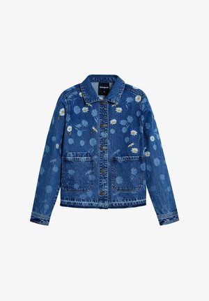 Sinine denim jope lille tikandiga, sealhulgas karikakrad ja muud mustrid. Omab klassikalist kraed, kahte eesmist taskut ja nööpidega sulgemist.