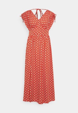 Rode maxi jurk met bloemenprint, V-hals, korte vleugelmouwen en een getailleerde taille. Heeft een strik aan de achterkant en een vloeiende rok.