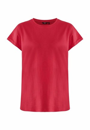 T-shirt rosso a maniche corte in tessuto morbido con scollatura rotonda. Caratterizzato da una vestibilità comoda e una texture liscia, ideale per un look casual.