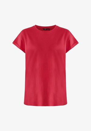 T-shirt rosso a maniche corte in tessuto morbido con scollatura rotonda. Caratterizzato da una vestibilità comoda e una texture liscia, ideale per un look casual.