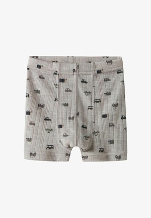 Grå boxer shortser laget av myk stoff med et leken mønster av små, fargede biler. Ribbete tekstur og elastisk livlinje.