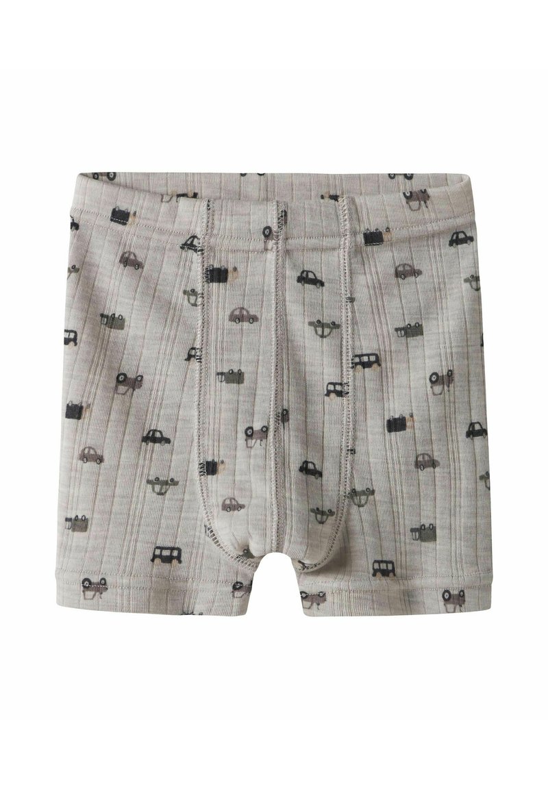 Graue Boxershorts aus weichem Stoff mit einem verspielten Muster kleiner, bunter Autos. Gerippte Textur und elastischer Bund.