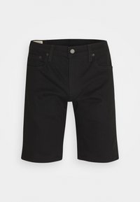 Pantalones cortos de mezclilla negra con un ajuste regular, diseño de cinco bolsillos, cierre de botón metálico y detalles de costura en contraste.