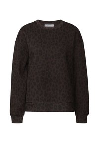 Sweatshirt marron avec un motif léopard noir, col rond, manches longues, et finitions côtelées aux poignets et à l'ourlet. Tissu doux et texturé.