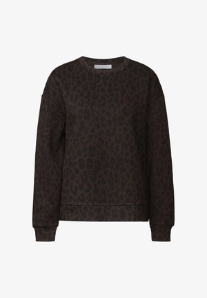 Braunfarbener Sweatshirt mit schwarzem Leopardenmuster, Rundhalsausschnitt, langen Ärmeln und gerippten Bündchen und Saum. Weicher, strukturierter Stoff.