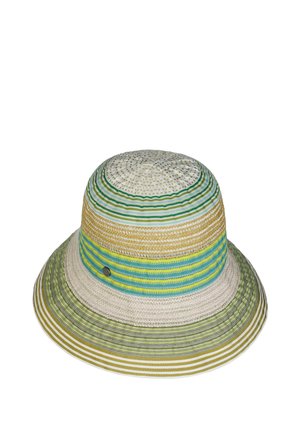 Bucket hat with woven texture featuring horizontal stripes in green, yellow, beige, and blue tones, and a small metal button on the side.