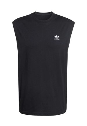 Crna majica bez rukava od pamuka, s okruglim izrezom i malim bijelim Adidas logom na lijevoj strani prsa.