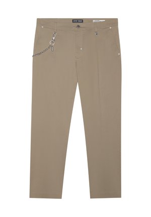 Beige Baumwollhose mit schlanker Passform, ausgestattet mit einem silbernen Kettenaccessoire, silbernem Beschlag und fünf Taschen. Glatte Textur mit minimaler Detailgestaltung.