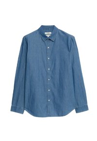 Camicia di jeans azzurro chiaro con colletto a bottoni, maniche lunghe, orlo dritto e bottoni bianchi sul davanti.