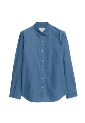 Helle bluejeans Hemd mit Knopfkragen, langen Ärmeln, geradem Saum und weißen Knöpfen entlang der Vorderseite.
