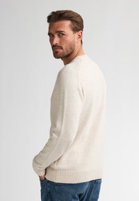 Licht beige sweater met lange mouwen, ronde halslijn en geribbelde zoom. Zachte textuur, casual pasvorm en zichtbare stiksels op de schouders.
