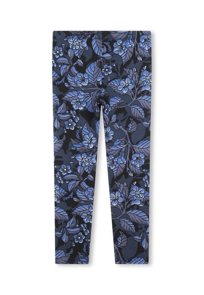 Leggings avec un fond sombre et un motif floral dans des nuances de bleu. Le matériau semble doux et extensible, conçu pour le confort.