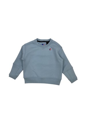 Felpa celeste a maniche lunghe con scollo tondo, polsini e orlo a costine e un piccolo logo K-Way rosso, bianco e blu sul petto.