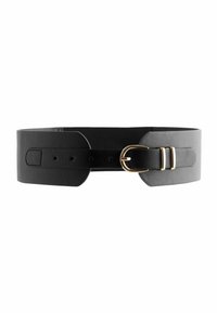 Ceinture en cuir noir avec une large bande, dotée d'une double boucle en ton doré et de plusieurs trous pour un ajustement de taille. Texture lisse et design épuré.