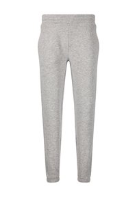 Graue Sweatpants aus weichem Stoff, mit einem elastischen Taillenbund, schmal zulaufenden Beinen und gerippten Bündchen an den Knöcheln. Ohne Taschen.