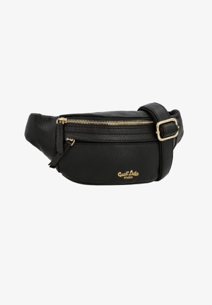 Sac banane en cuir noir avec fermeture éclair dorée, sangle réglable et logo « Gusti Leder studio » en lettres dorées.