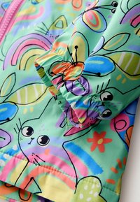 Kevyt, mintunvihreä takki, jossa värikkäitä kissan ja kukkien kuvioita. Kuminauhalla varustetut hihansuut kerätyllä yksityiskohdalla ja edessä vetoketjusuljenta.